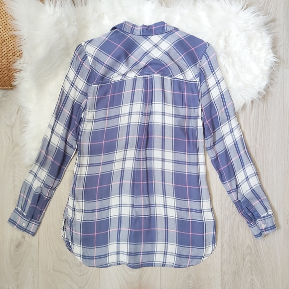 Old Navy Pastel Plaid Navy Button Down Flannel - Picture 3 of 7